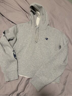 Champion Light Gray Hoodie with Navy Script Logo